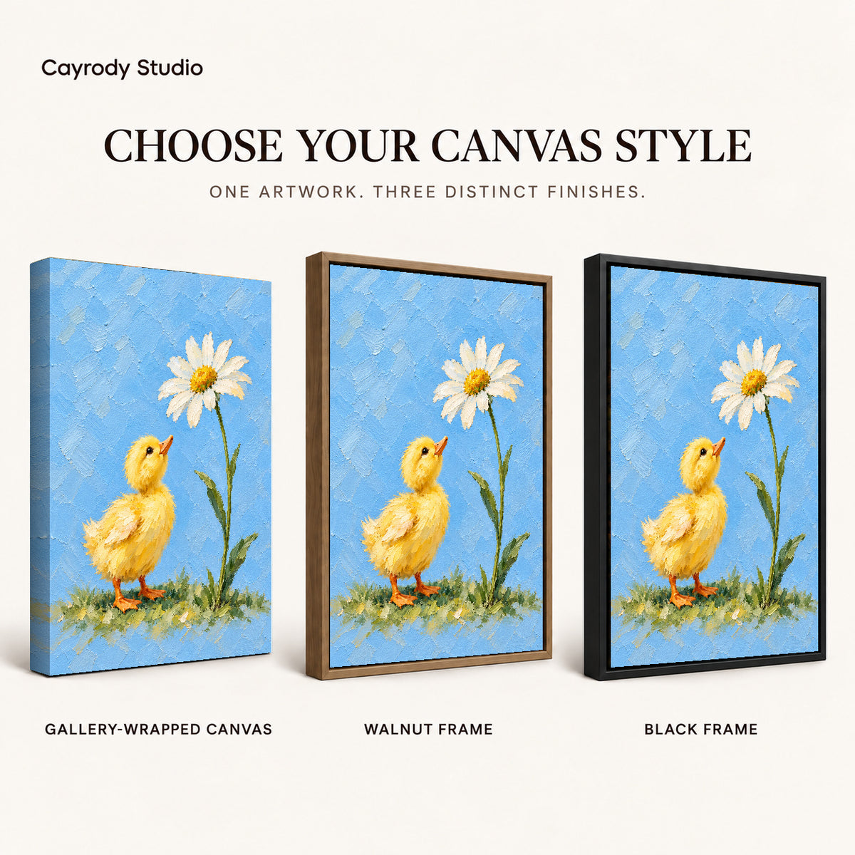 duckling daisy wonder canvas art compared across gallery-wrapped canvas, walnut frame, and black frame finishes.