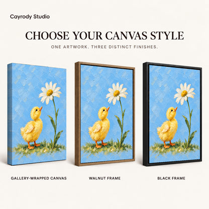 duckling daisy wonder canvas art compared across gallery-wrapped canvas, walnut frame, and black frame finishes.