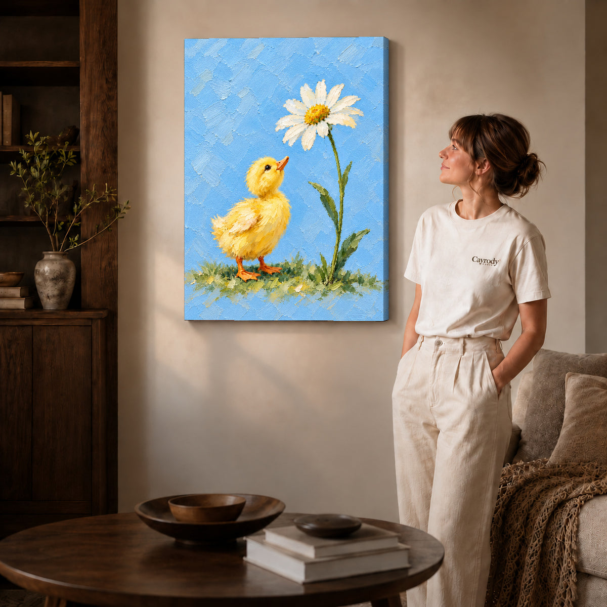 duckling daisy wonder canvas art shown in the gallery-wrapped option with visible depth and warm surroundings.