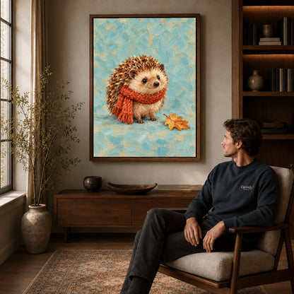 autumn scarf hedgehog canvas art in a walnut frame above a console beside a seated man.