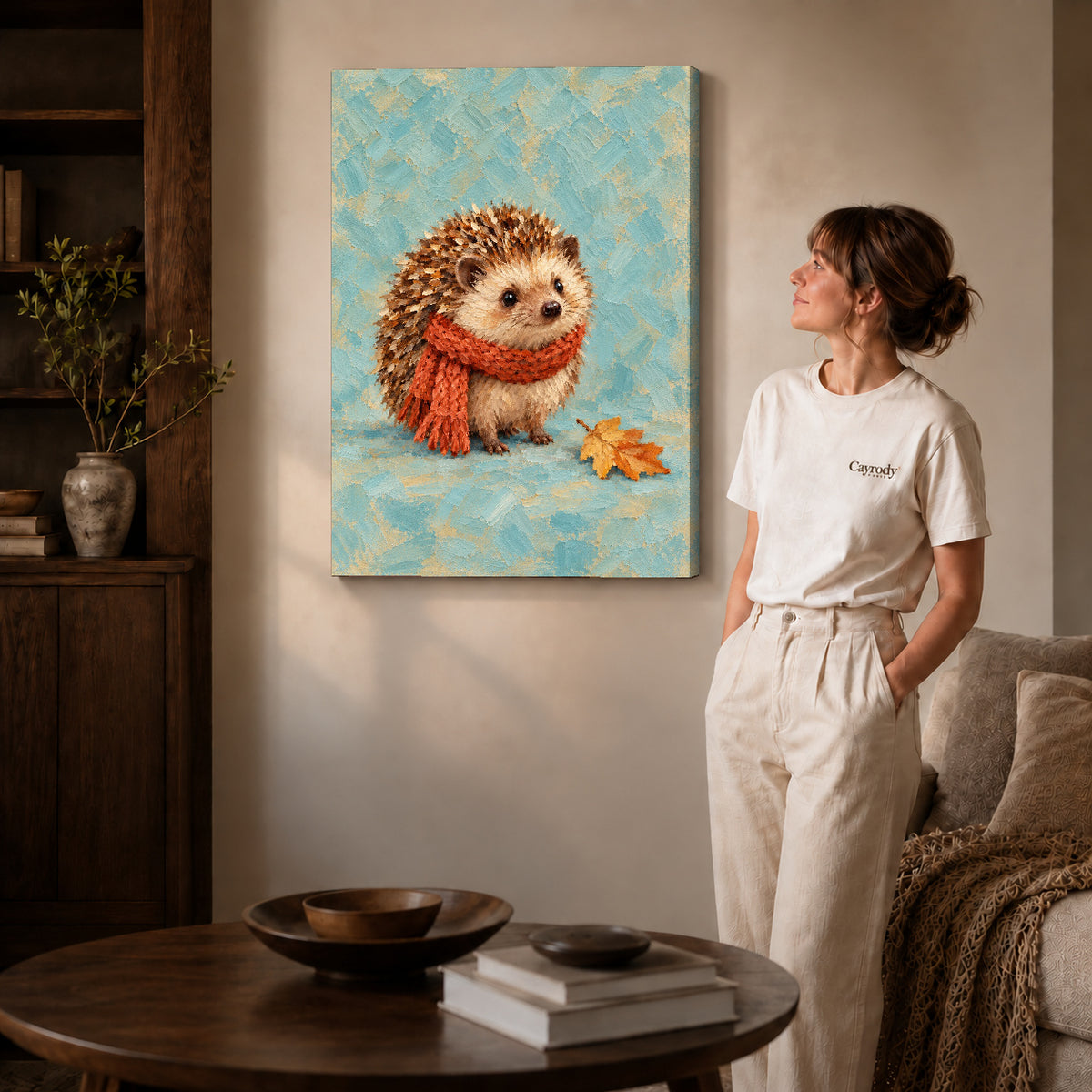 autumn scarf hedgehog canvas art shown in the gallery-wrapped option with visible depth and warm surroundings.