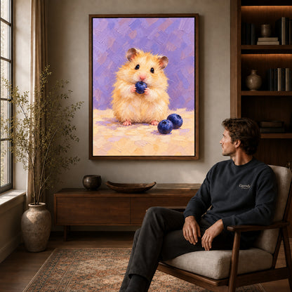 blueberry hamster delight canvas art in a walnut frame above a console beside a seated man.
