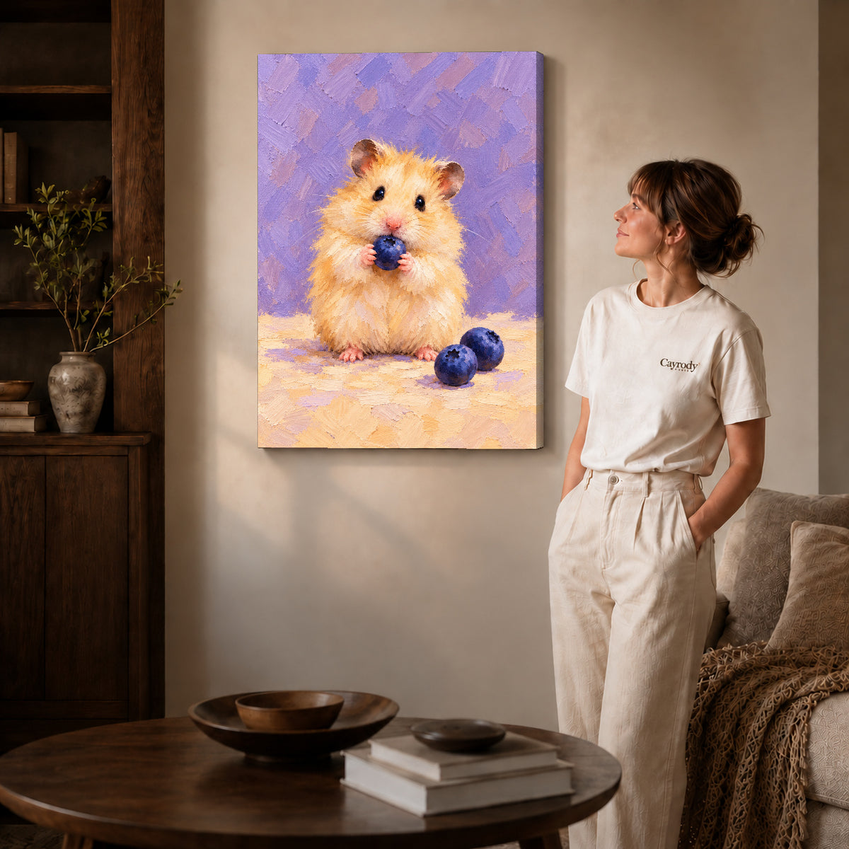 blueberry hamster delight canvas art on gallery-wrapped canvas with natural edge shading beside a standing woman.