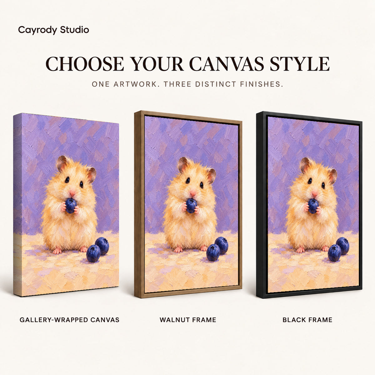 blueberry hamster delight canvas art compared across gallery-wrapped canvas, walnut frame, and black frame finishes.