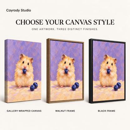 blueberry hamster delight canvas art compared across gallery-wrapped canvas, walnut frame, and black frame finishes.