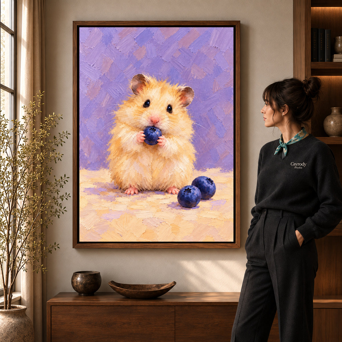 blueberry hamster delight canvas art shown in the walnut frame option within a warm living room.