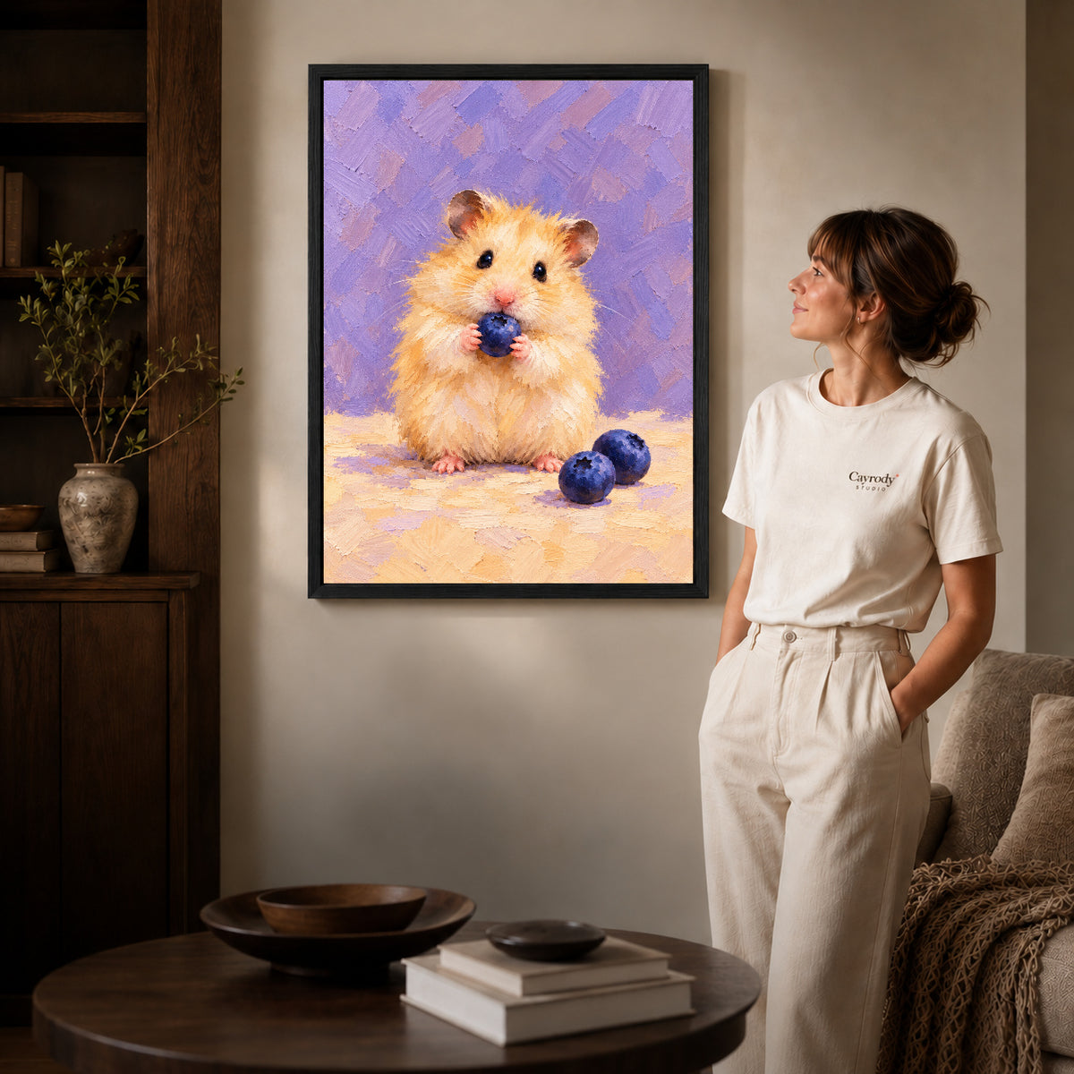 blueberry hamster delight canvas art shown in the black frame option against a softly lit wall.