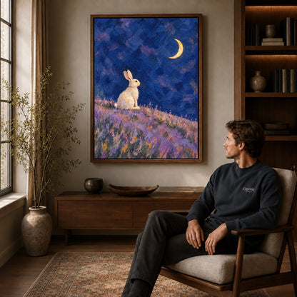 moonlit lavender rabbit canvas art in a walnut frame above a console beside a seated man.
