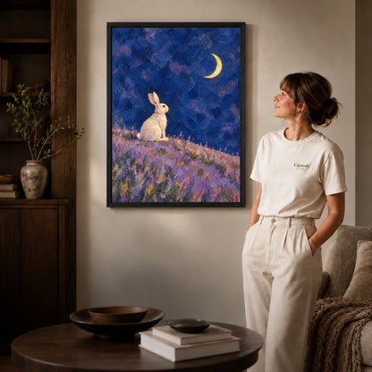moonlit lavender rabbit canvas art in a black frame beside a woman and round wooden table.