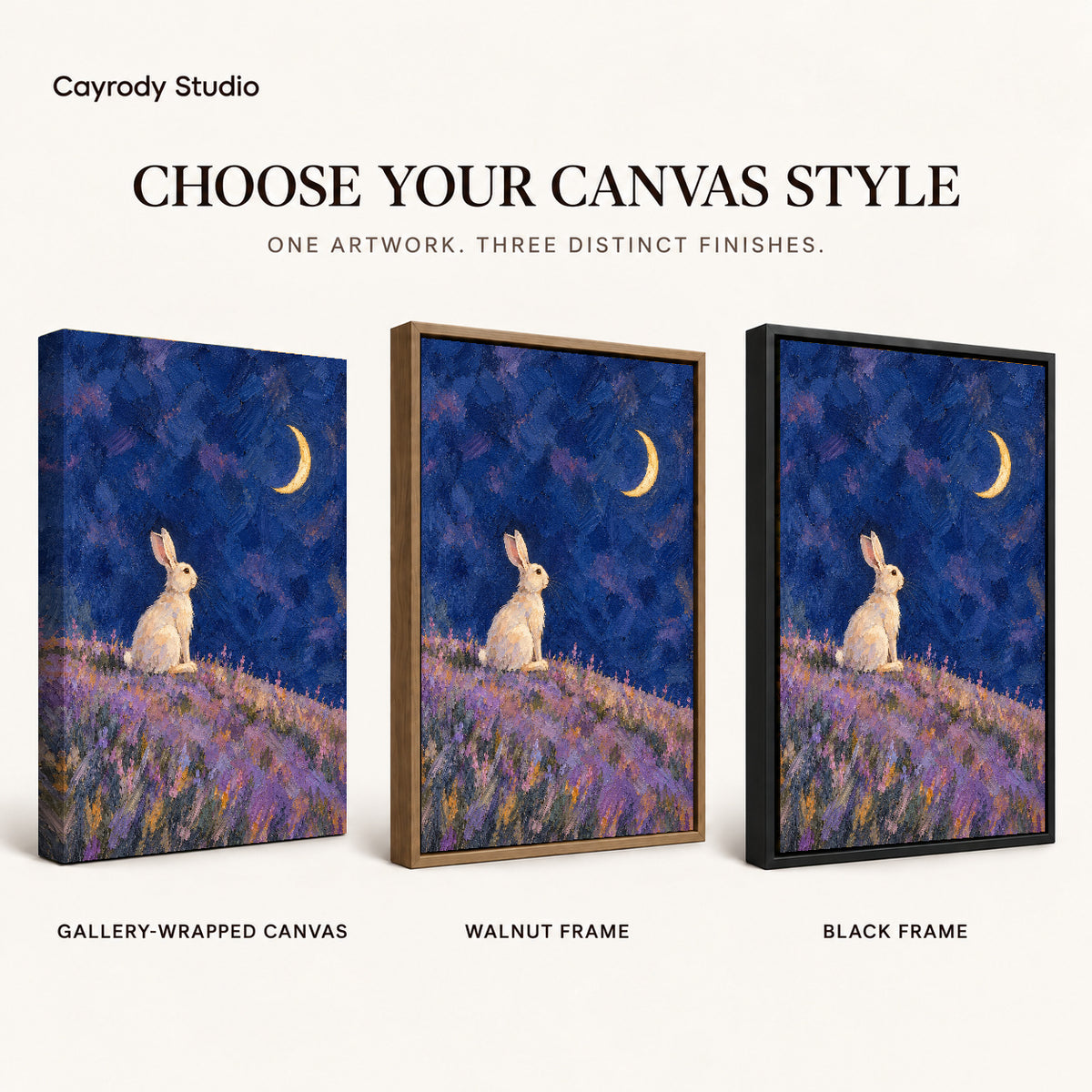 moonlit lavender rabbit canvas art compared across gallery-wrapped canvas, walnut frame, and black frame finishes.