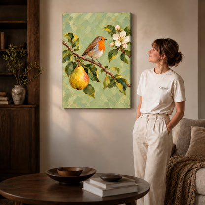 robin pear blossoms canvas art on gallery-wrapped canvas with natural edge shading beside a standing woman.