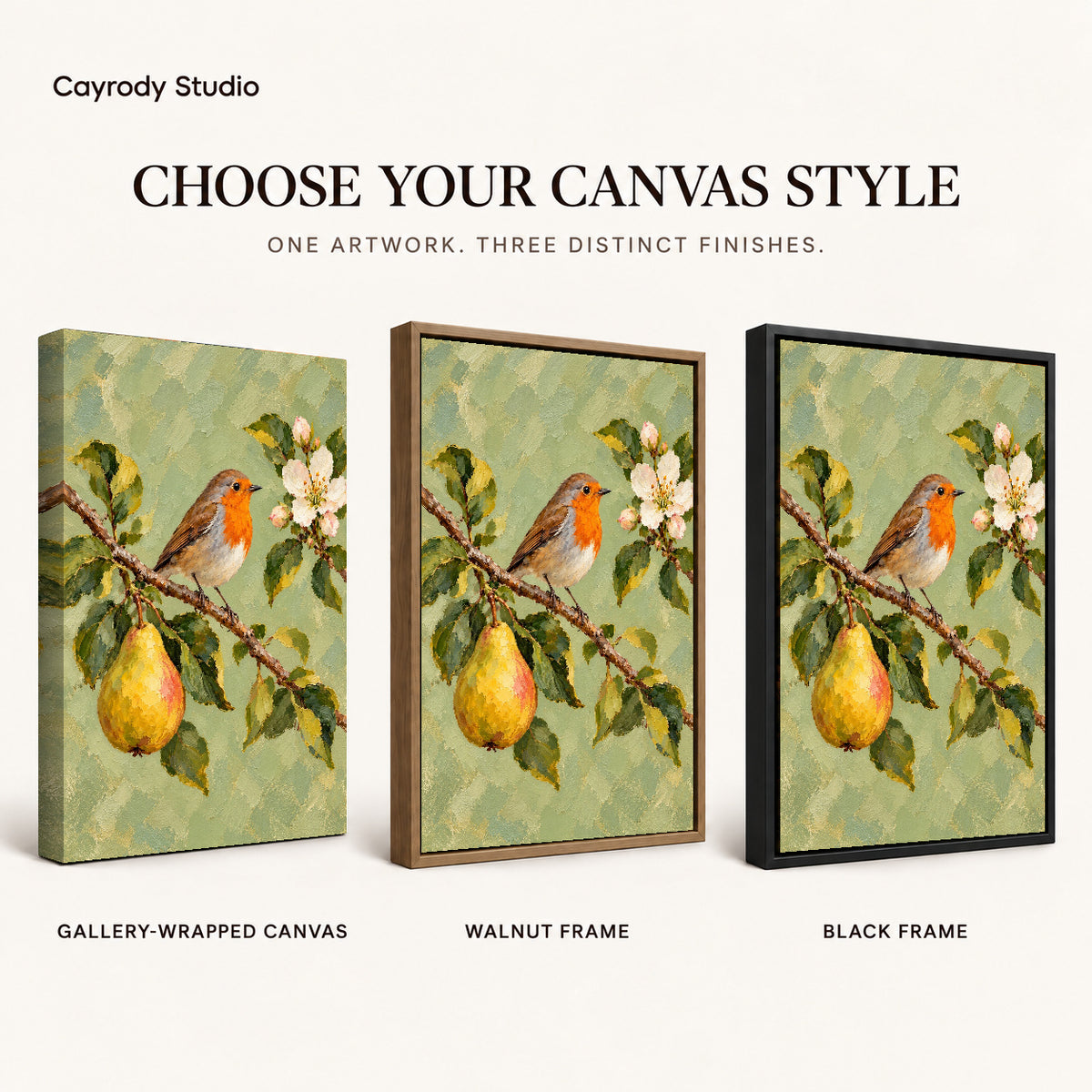 robin pear blossoms canvas art compared across gallery-wrapped canvas, walnut frame, and black frame finishes.