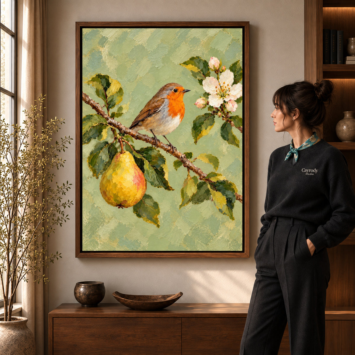 robin pear blossoms canvas art shown in the walnut frame option within a warm living room.