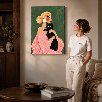 blonde cat companion canvas art on gallery-wrapped canvas with natural edge shading beside a standing woman.