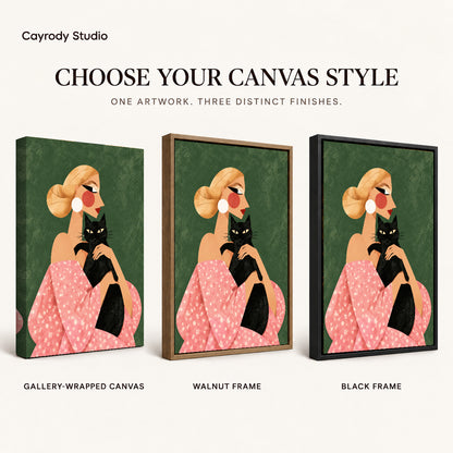 blonde cat companion canvas art compared across gallery-wrapped canvas, walnut frame, and black frame finishes.