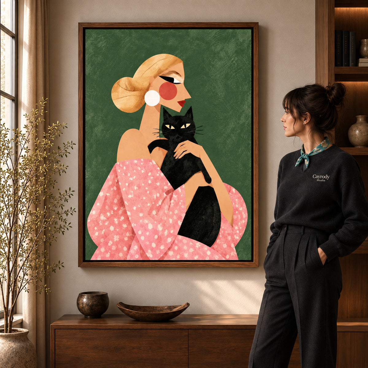 blonde cat companion canvas art shown in the walnut frame option within a warm living room.