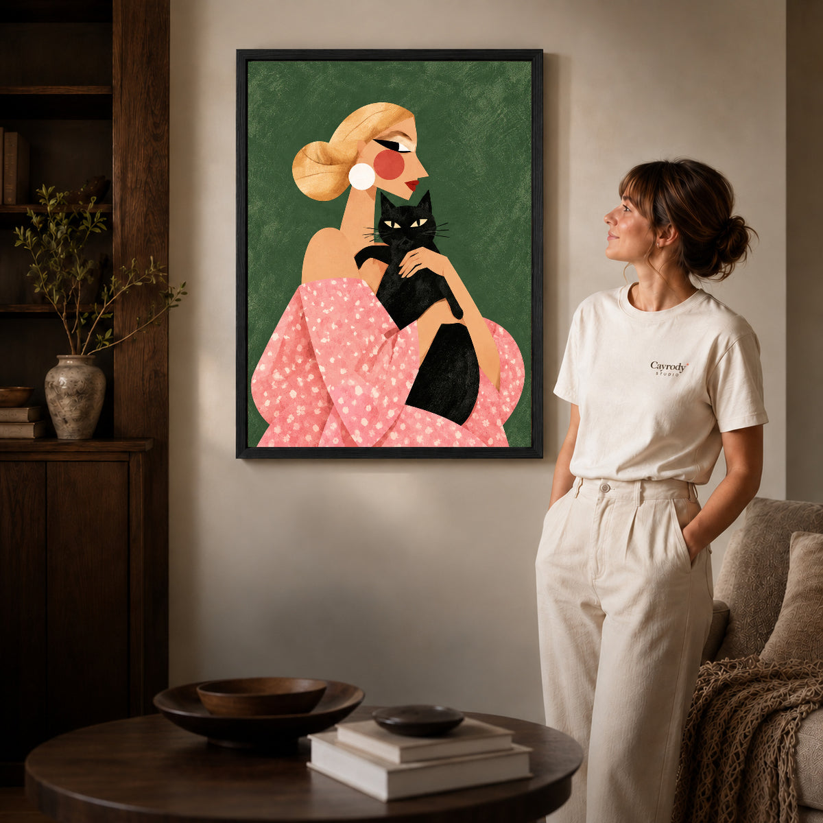 blonde cat companion canvas art shown in the black frame option against a softly lit wall.