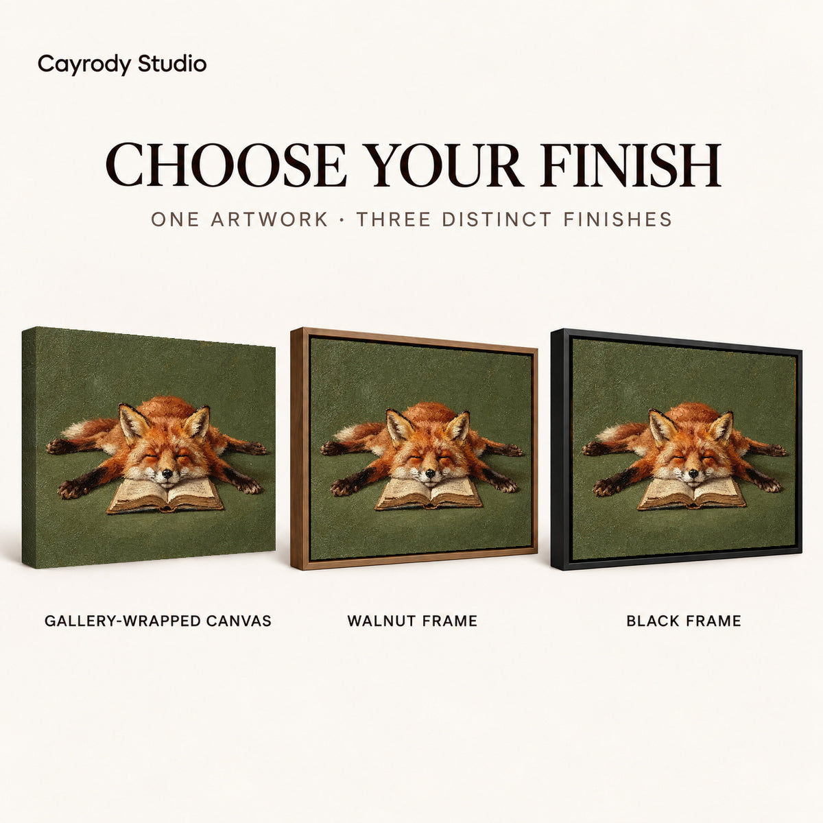 sleepy book fox canvas art compared across gallery-wrapped canvas, walnut frame, and black frame finishes.