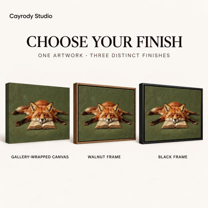 sleepy book fox canvas art compared across gallery-wrapped canvas, walnut frame, and black frame finishes.