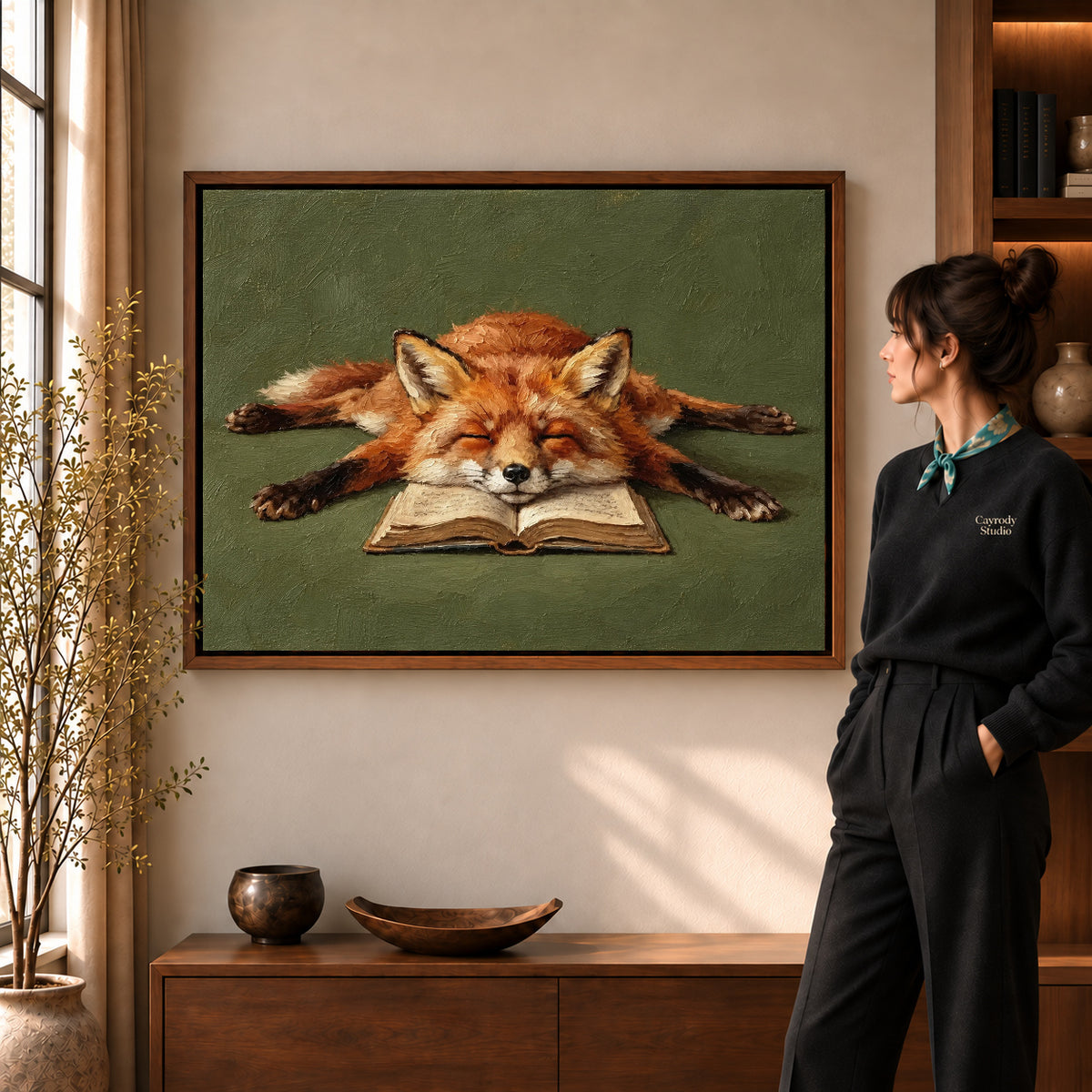 sleepy book fox canvas art shown in the walnut frame option within a warm living room.