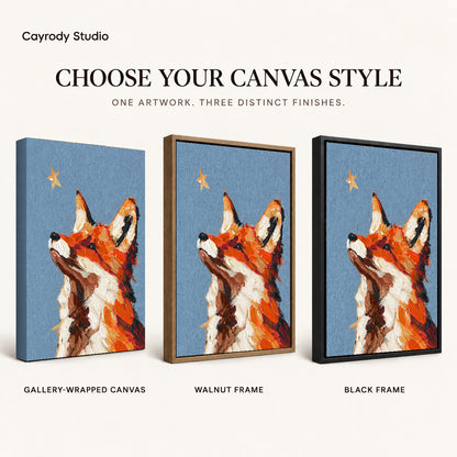 stargazing fox portrait canvas art compared across gallery-wrapped canvas, walnut frame, and black frame finishes.