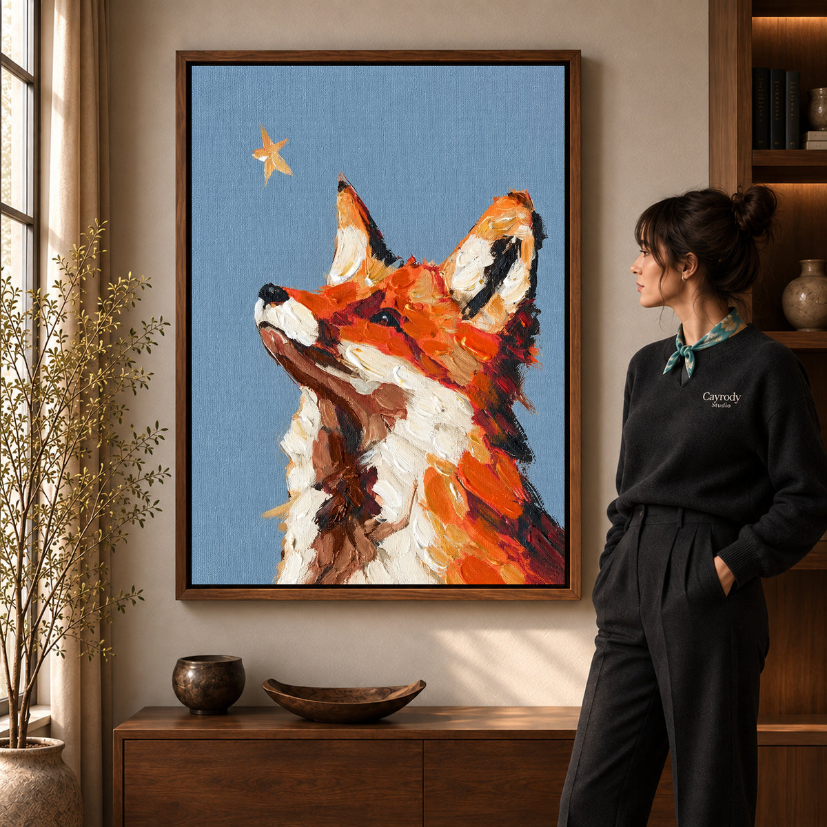 stargazing fox portrait canvas art shown in the walnut frame option within a warm living room.