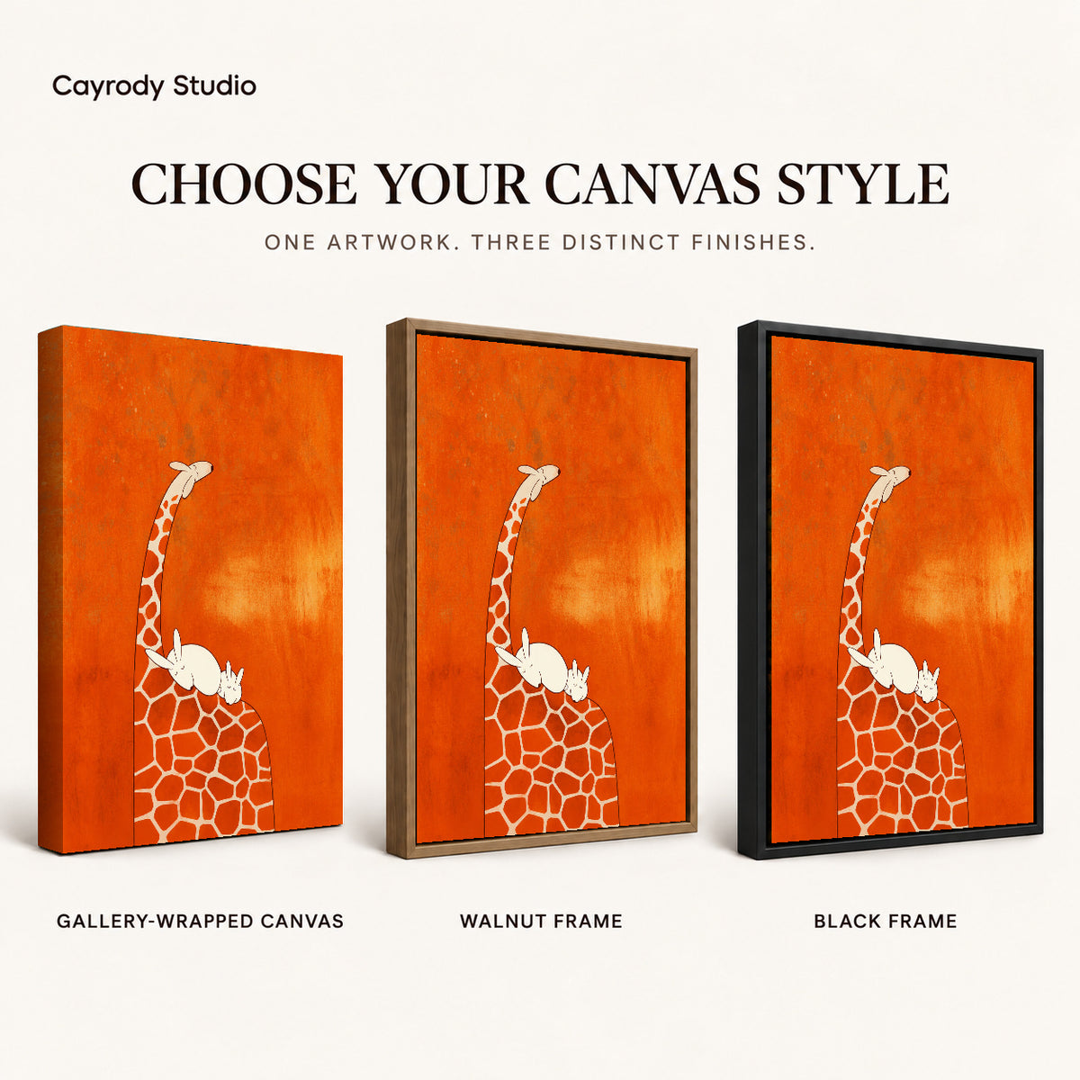 giraffe rabbit rest canvas art compared across gallery-wrapped canvas, walnut frame, and black frame finishes.