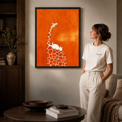 giraffe rabbit rest canvas art shown in the black frame option against a softly lit wall.