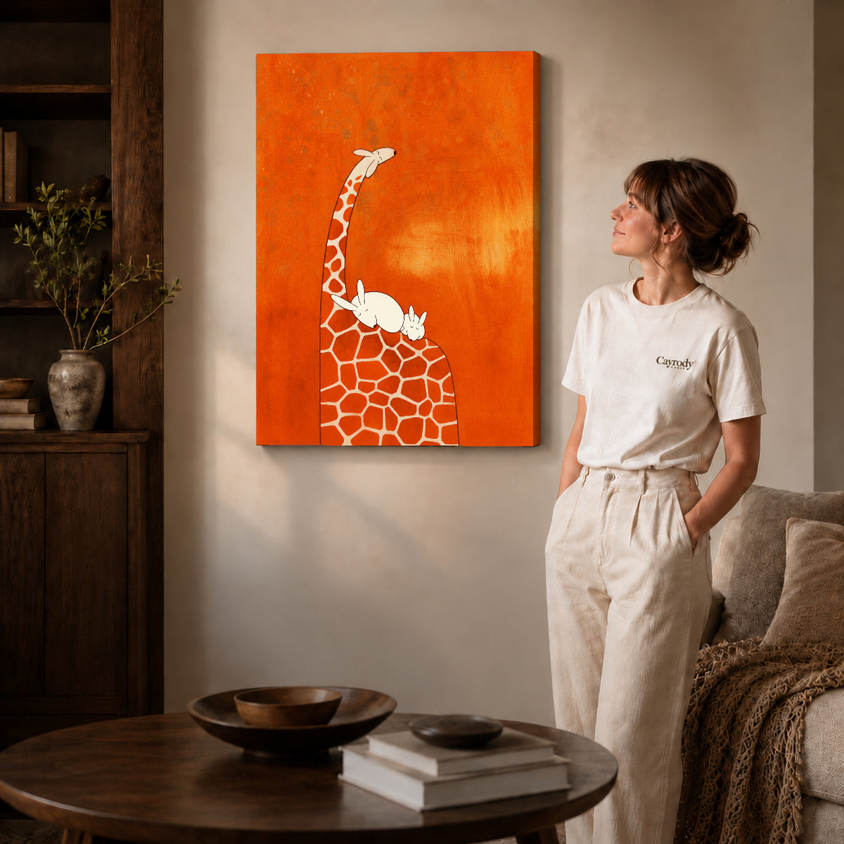giraffe rabbit rest canvas art shown in the gallery-wrapped option with visible depth and warm surroundings.