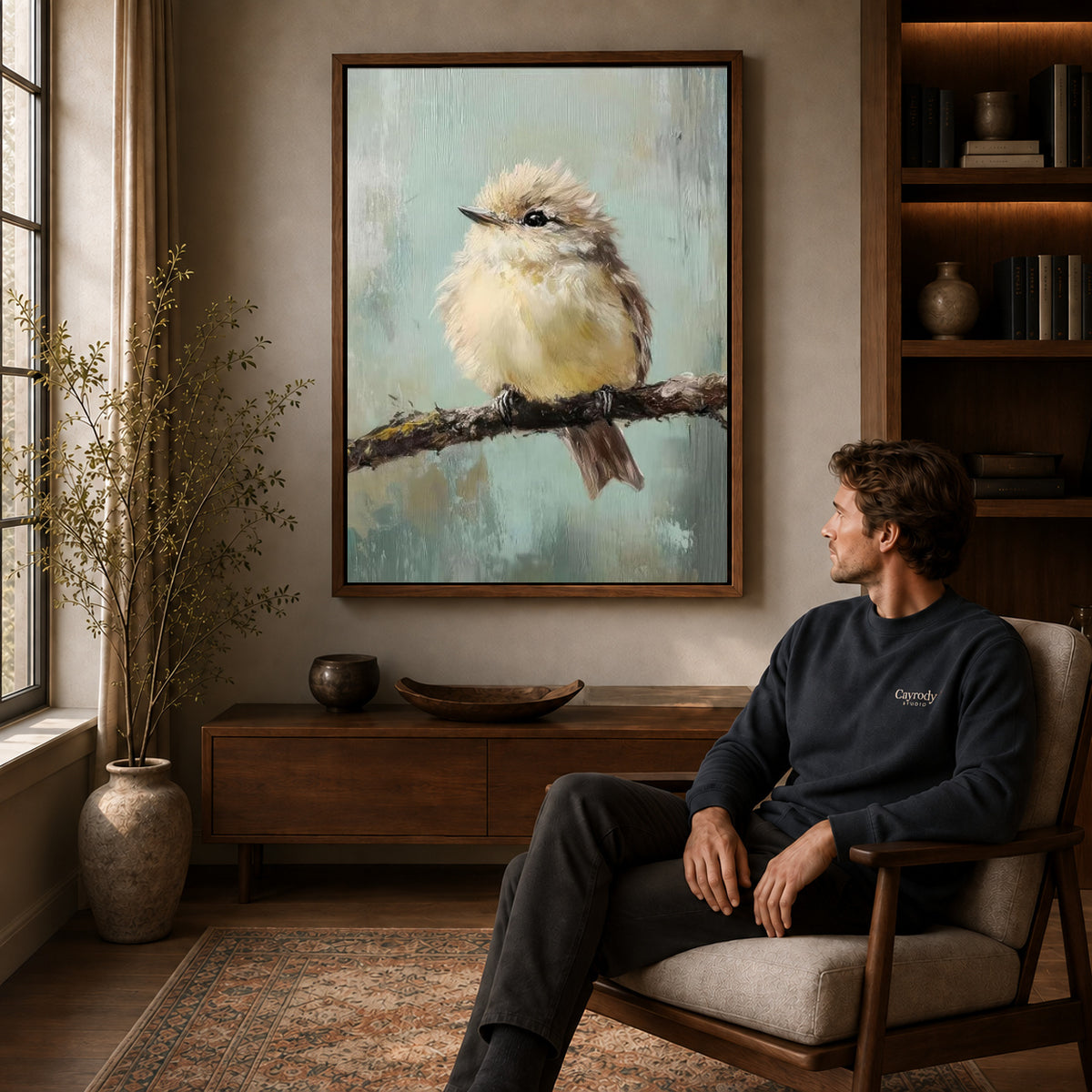 little branch companion canvas art in a walnut frame above a console beside a seated man.