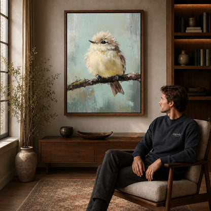 little branch companion canvas art in a walnut frame above a console beside a seated man.