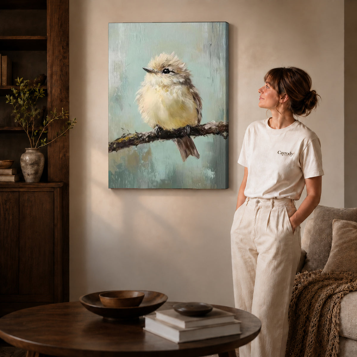 little branch companion canvas art on gallery-wrapped canvas with natural edge shading beside a standing woman.