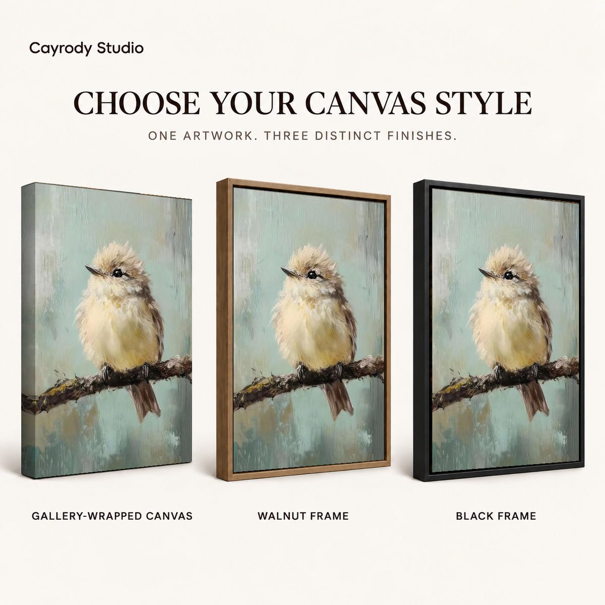 little branch companion canvas art compared across gallery-wrapped canvas, walnut frame, and black frame finishes.