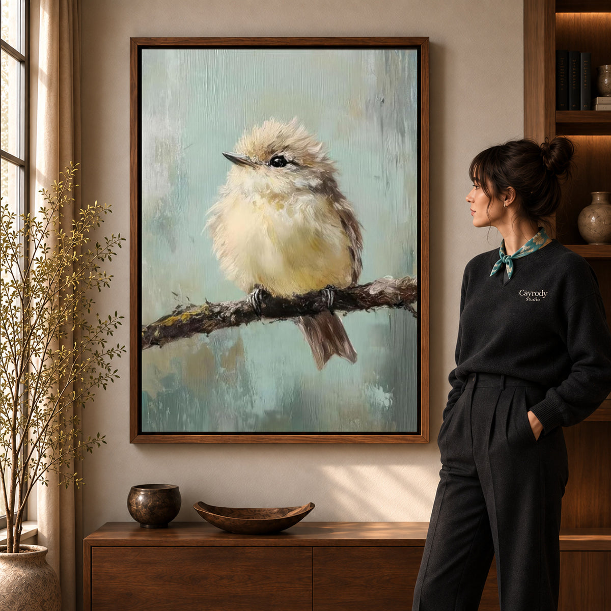 little branch companion canvas art shown in the walnut frame option within a warm living room.