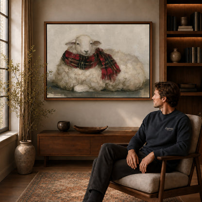 plaid scarf lamb canvas art in a walnut frame above a console beside a seated man.