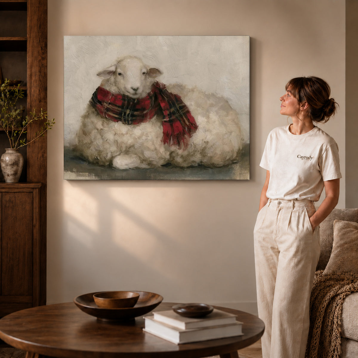 plaid scarf lamb canvas art on gallery-wrapped canvas with visible edge depth beside a standing woman.