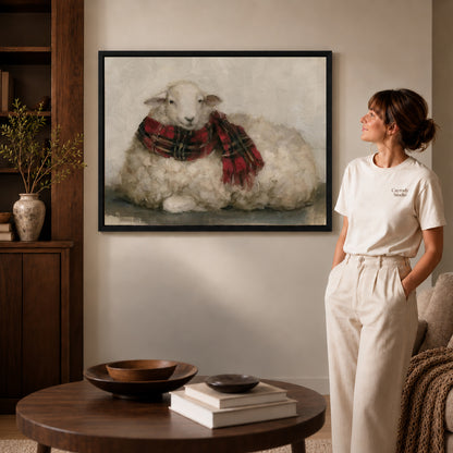 plaid scarf lamb canvas art in a black frame beside a woman and round wooden table.