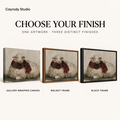 plaid scarf lamb canvas art compared across gallery-wrapped canvas, walnut frame, and black frame finishes.