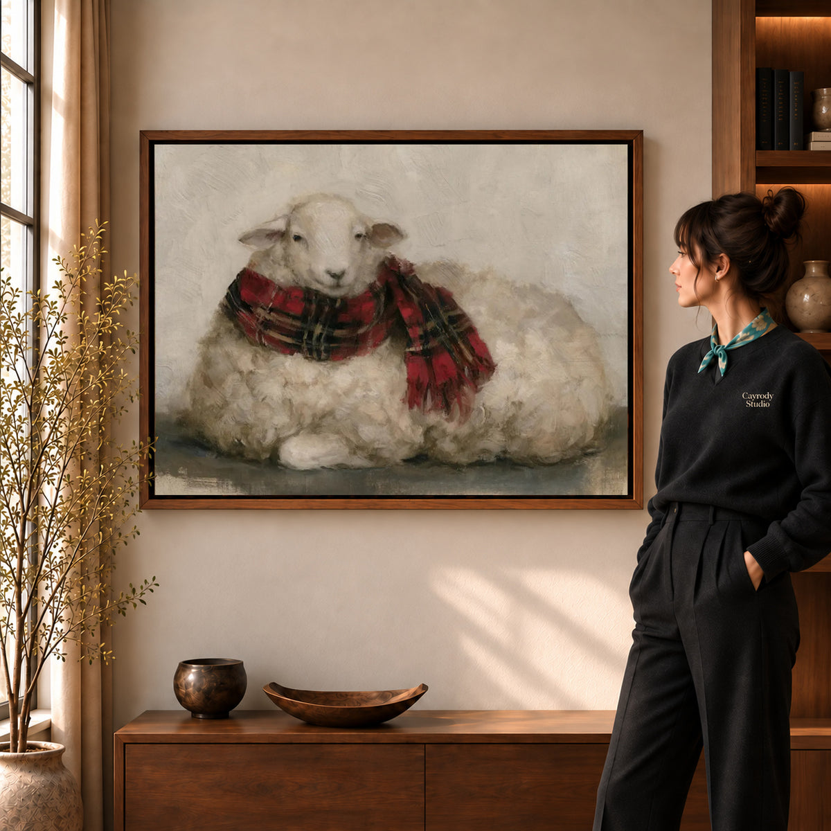 plaid scarf lamb canvas art shown in the walnut frame option within a warm living room.