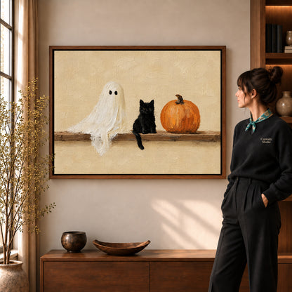 ghost kitten gathering canvas art in a walnut frame beside a standing woman and wooden console.