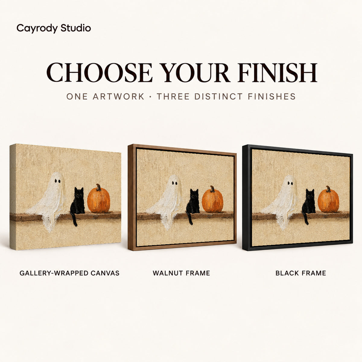 ghost kitten gathering canvas art compared across gallery-wrapped canvas, walnut frame, and black frame finishes.