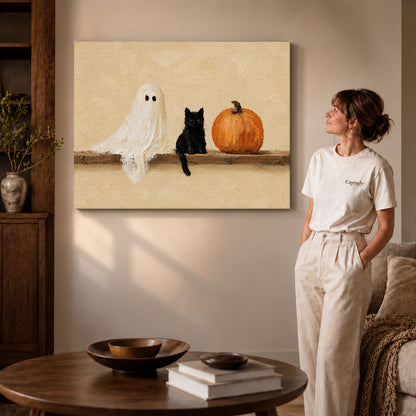 ghost kitten gathering canvas art shown in the gallery-wrapped option with natural side shading and warm surroundings.