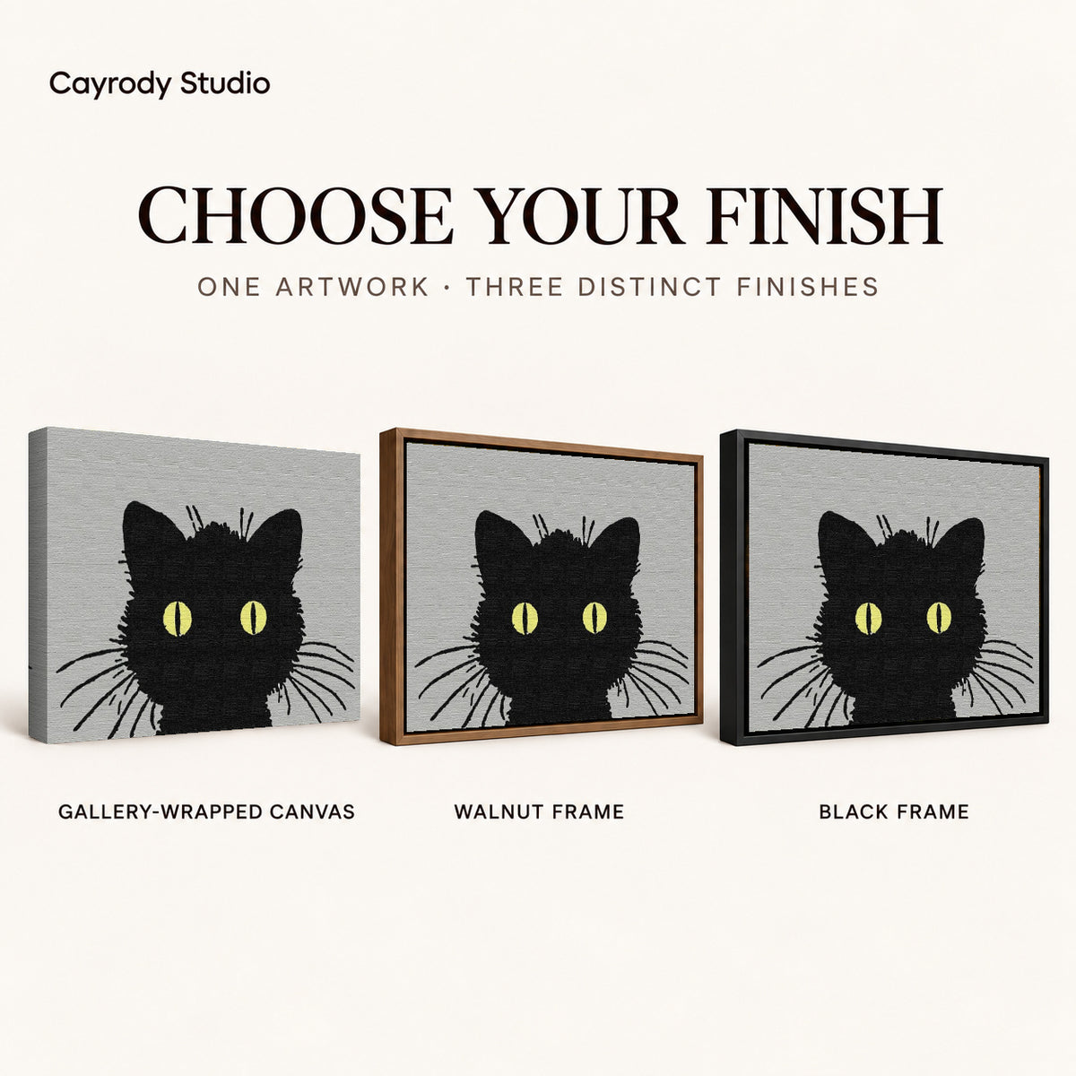 golden eye cat canvas art compared across gallery-wrapped canvas, walnut frame, and black frame finishes.