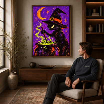 witch cat cauldron canvas art in a walnut frame above a console beside a seated man.