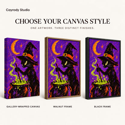 witch cat cauldron canvas art compared across gallery-wrapped canvas, walnut frame, and black frame finishes.