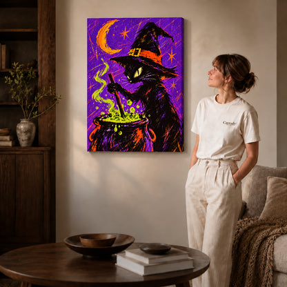 witch cat cauldron canvas art shown in the gallery-wrapped option with visible depth and warm surroundings.