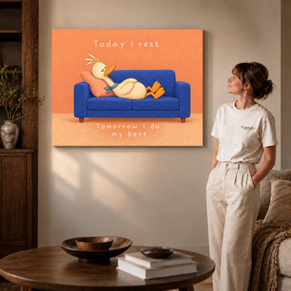 rest day duck canvas art on gallery-wrapped canvas with visible edge depth beside a standing woman.