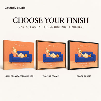 rest day duck canvas art compared across gallery-wrapped canvas, walnut frame, and black frame finishes.