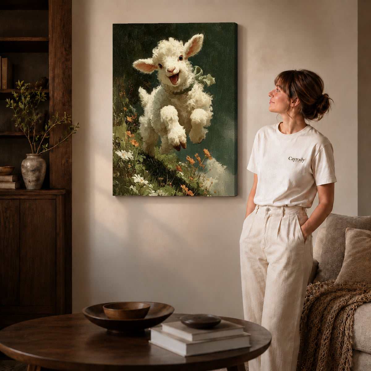 joyful meadow lamb canvas art on gallery-wrapped canvas with natural edge shading beside a standing woman.