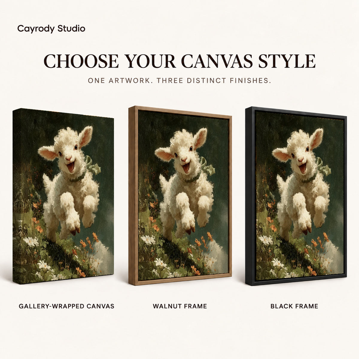joyful meadow lamb canvas art compared across gallery-wrapped canvas, walnut frame, and black frame finishes.